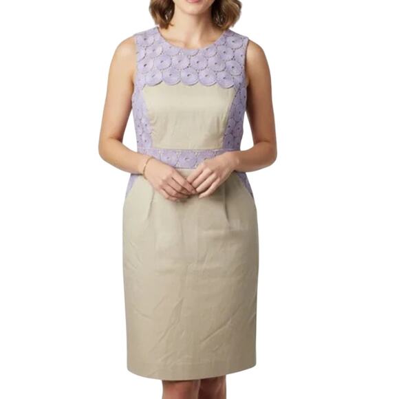 Antonio Melani Khaki Tan Lavender Purple Circle Lace Overlay Sheath Dress - Picture 1 of 12